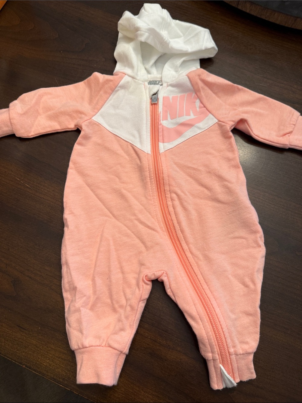 Nike Pink and White Hooded Zip Baby One-Piece Romper